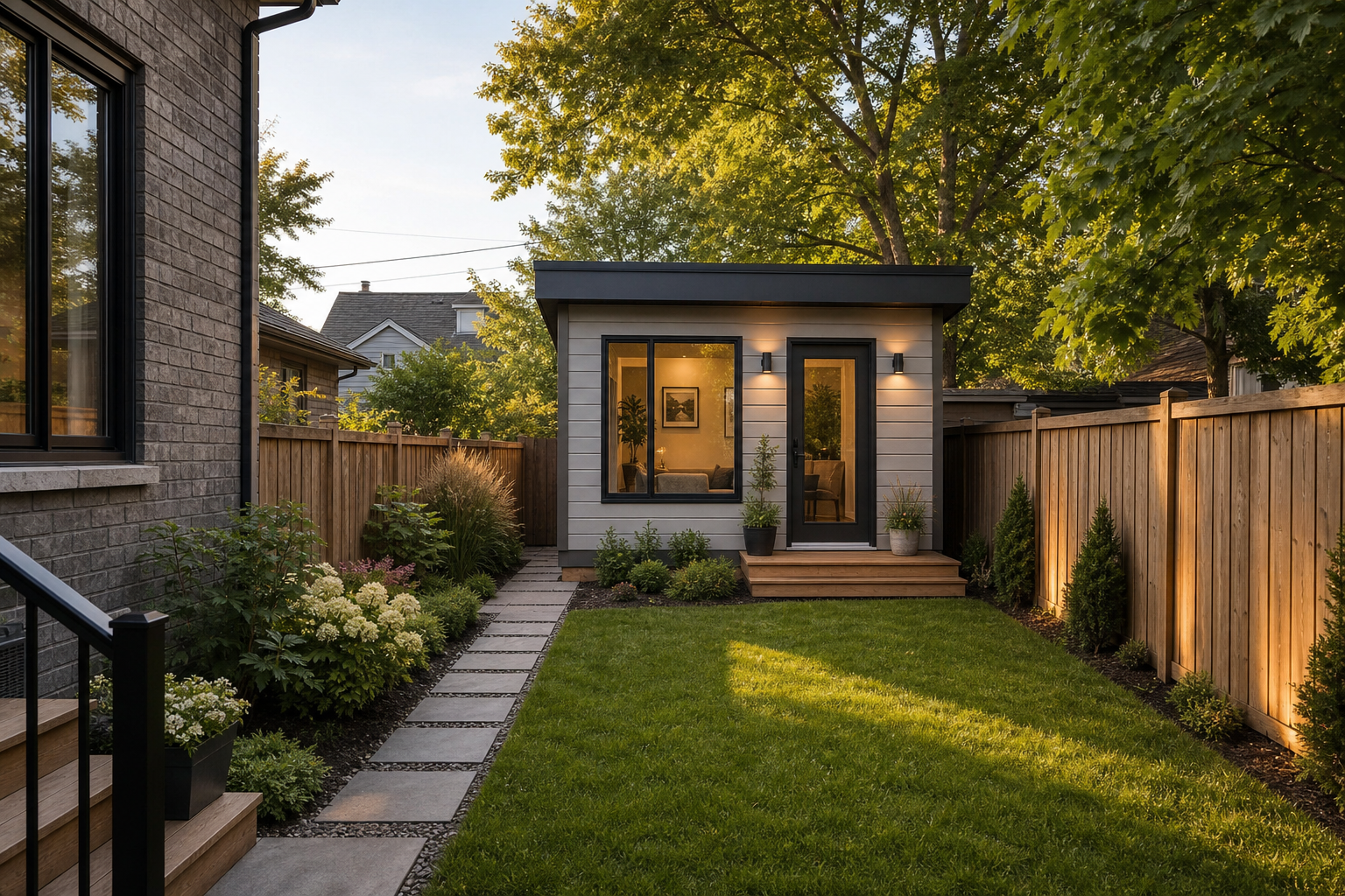 Compact modern ADU fitting neatly into a smaller fenced backyard with usable green space remaining