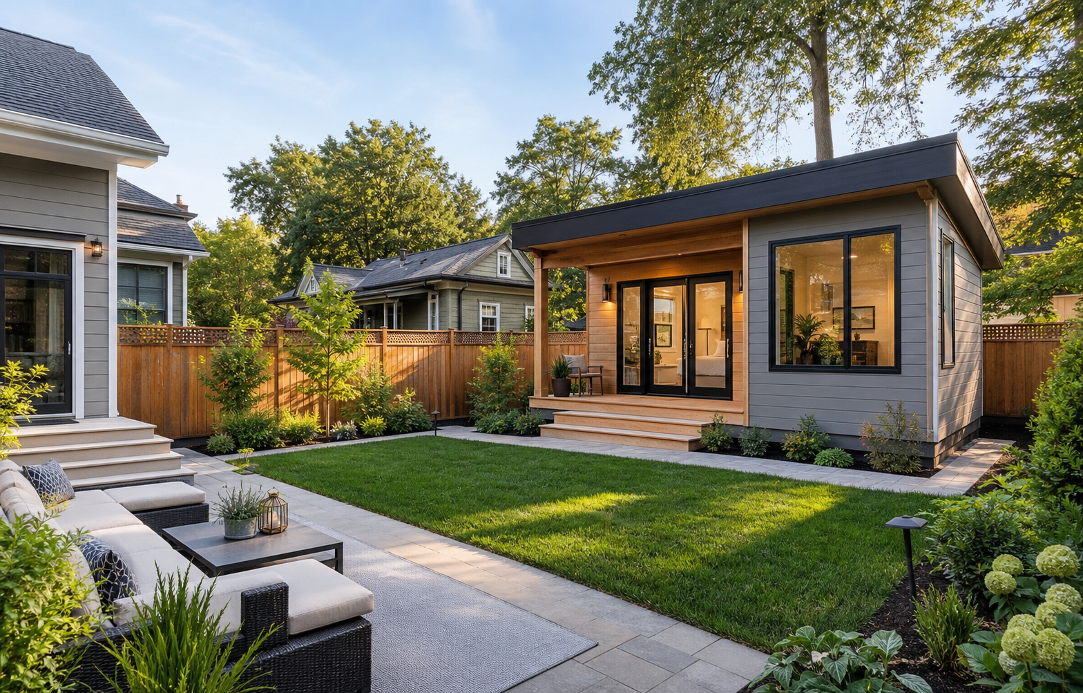 Modern one-bedroom ADU integrated into a landscaped suburban backyard with a path from the main home